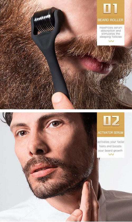 Baardgroei Kit met man met baard en derma roller 