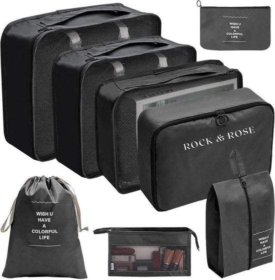 Rock&Rose Packing Cubes Compression - 8 Delig - Bagage Organizers - Packing Cubes Backpack - Zwart