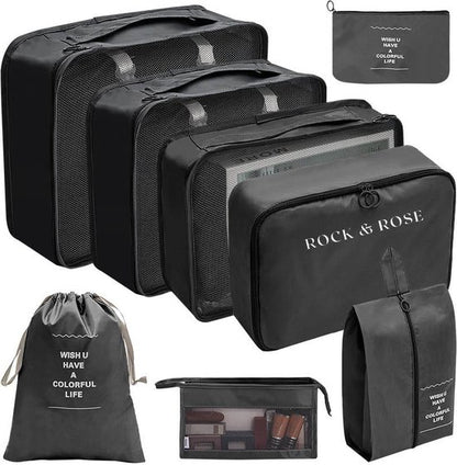 Rock&Rose Packing Cubes Compression - 8 Delig - Bagage Organizers - Packing Cubes Backpack - Zwart