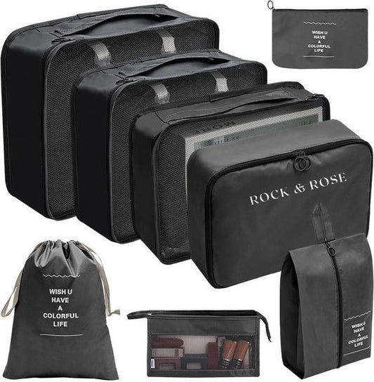 Rock&Rose Packing Cubes Compression - 8 Delig - Bagage Organizers - Packing Cubes Backpack - Zwart