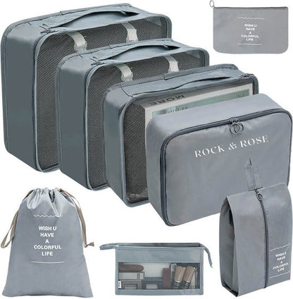 Rock&Rose Packing Cubes Compression - 8 Delig - Bagage Organizers - Packing Cubes Backpack - Grijs